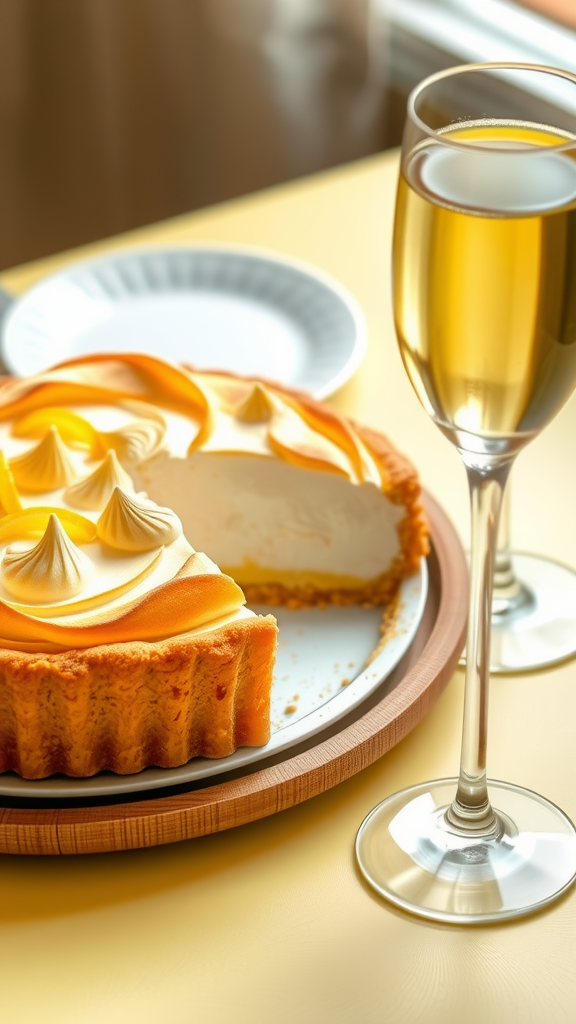 A slice of lemon meringue pie on a plate with a glass of sparkling wine beside it.