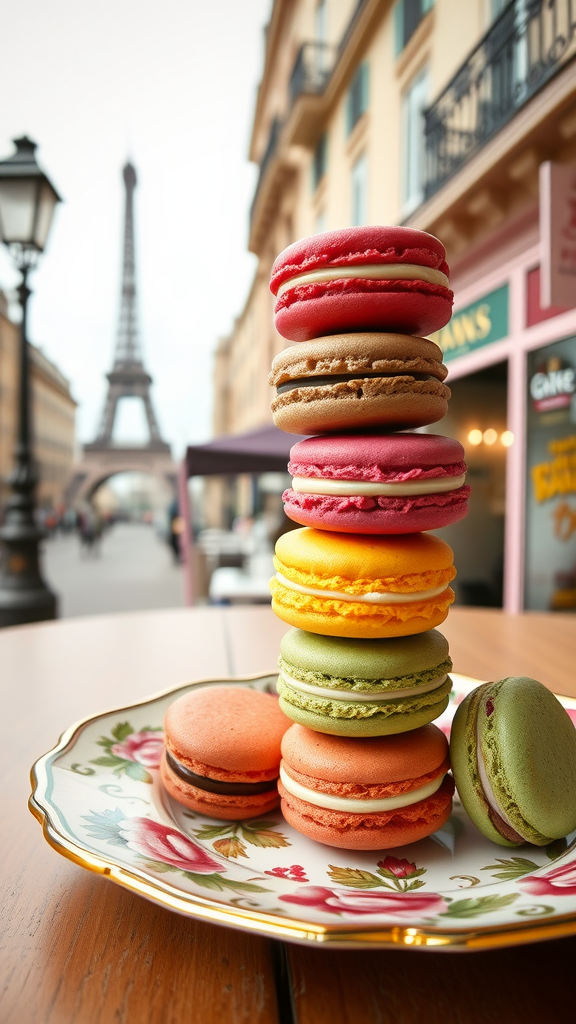 A colorful display of macarons on a decorative plate with the Eiffel Tower in the background.
