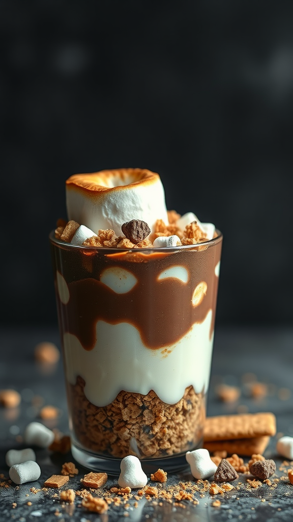 A cup filled with layers of graham cracker crumbs, chocolate, and marshmallows, topped with a toasted marshmallow.