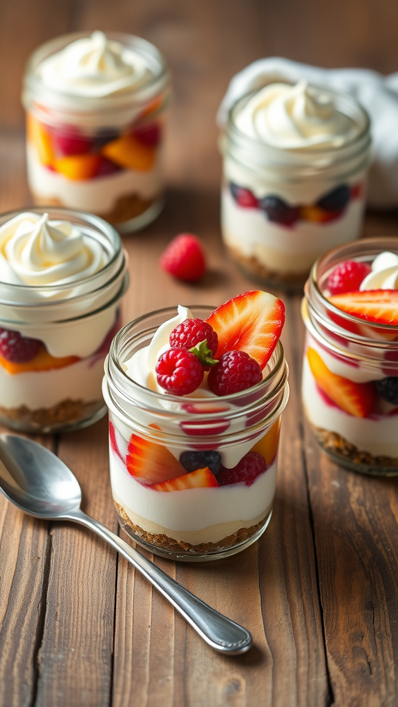 Mini cheesecake jars with fresh fruit on a wooden table.
