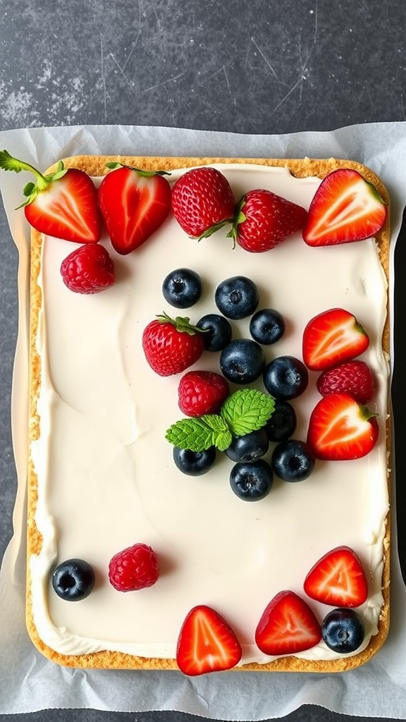 Delicious no-bake cheesecake bars topped with fresh strawberries and blueberries.