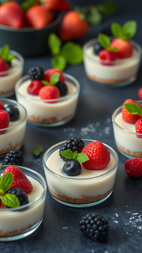 No-bake cheesecake cups topped with fresh berries and mint leaves.