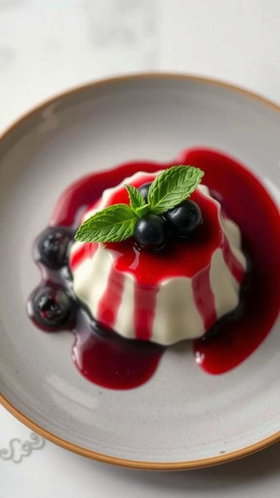 A serving of panna cotta topped with berry sauce and mint leaves.