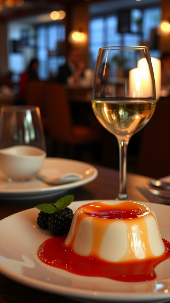 A beautifully plated panna cotta with a fruit sauce and a glass of Moscato wine in a restaurant setting.