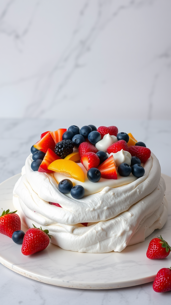 A beautiful pavlova dessert topped with colorful fruits like strawberries, blueberries, and peaches on a marble platter.