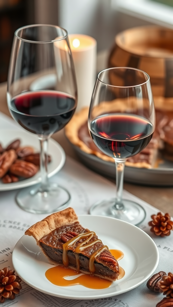 A slice of pecan pie drizzled with caramel, served with glasses of red wine.