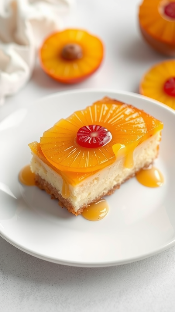 A slice of pineapple upside-down cake on a white plate, garnished with pineapple rings and cherries.