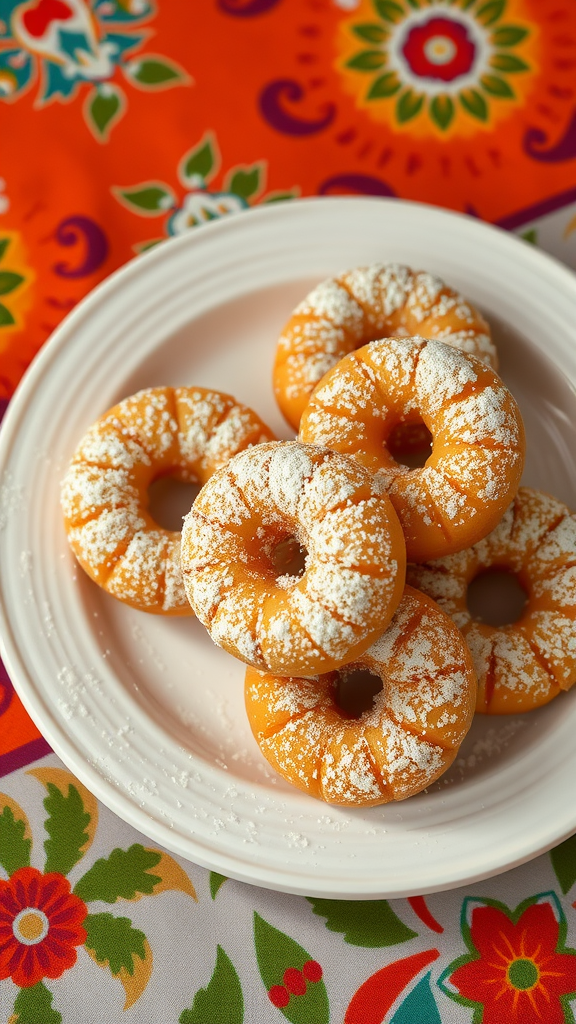 A plate of Poff Poff, fluffy African doughnuts, dusted with powdered sugar against a colorful background.