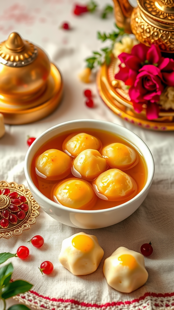 A bowl of soft Rasgulla cheese balls soaked in syrup, surrounded by festive decorations.