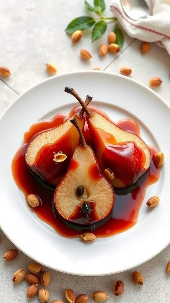 A plate of red wine poached pears garnished with nuts and syrup