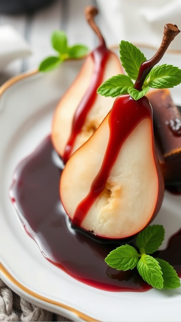 Elegant red wine poached pears on a plate with a glossy red sauce.