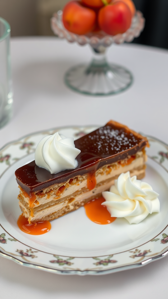 A slice of Sacher Torte on a decorative plate with whipped cream and apricot sauce.