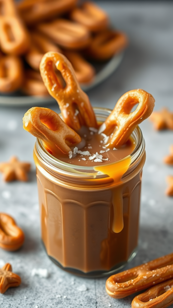 A jar of salted caramel sauce with churros for dipping