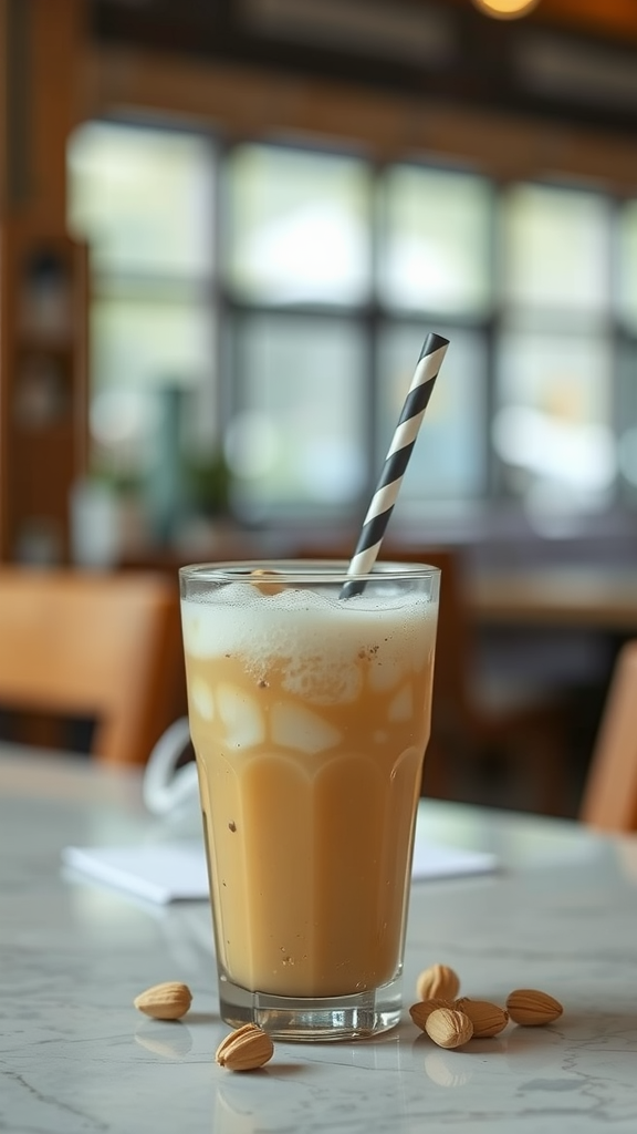 A refreshing glass of Sikhye, a sweet Korean rice drink, garnished with pine nuts.