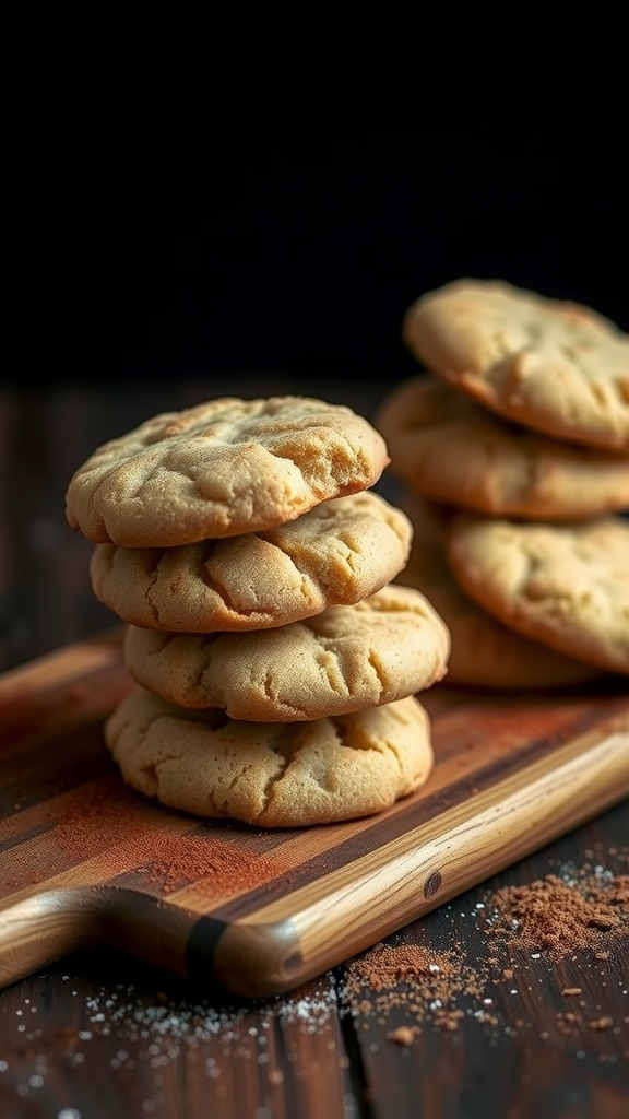 A stack of freshly baked snickerdoodle cookies on a wooden board, sprinkled with cinnamon sugar.