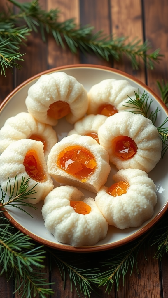 A plate of Songpyeon rice cakes filled with sweet fillings, traditionally shaped and presented.