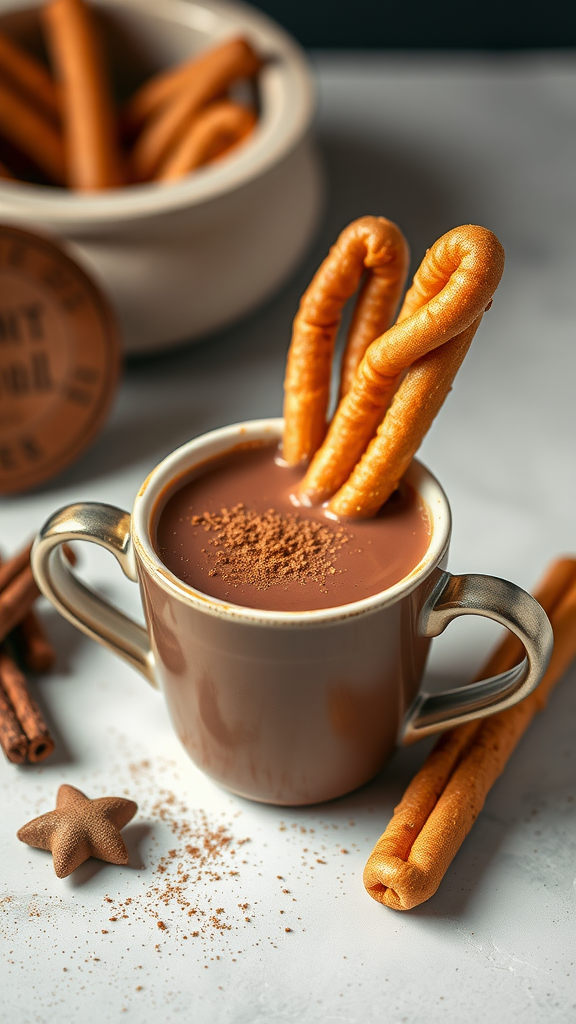 A cup of spicy Mexican hot chocolate with churros for dipping.