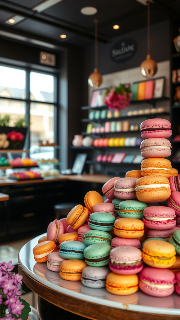 A colorful display of macarons at Sublime Macaron Boutique, showcasing various flavors in a stylish setting.