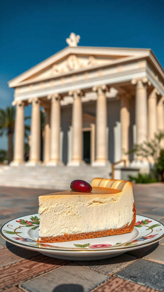 A slice of cheesecake on a decorative plate in front of a classic Greek-style building.