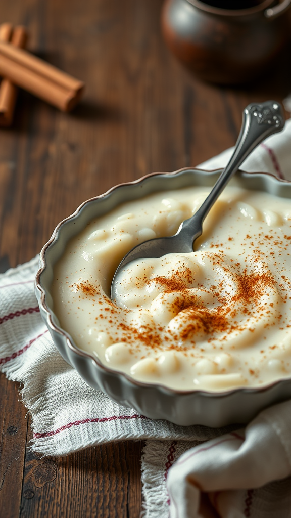 A bowl of rice pudding with a spoon, sprinkled with cinnamon, on a wooden table.