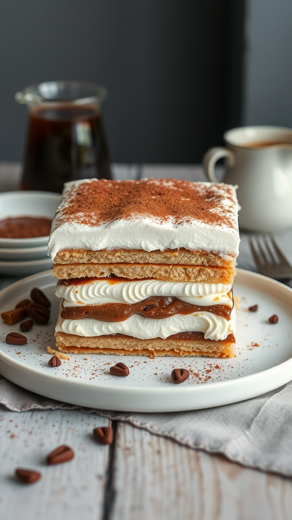 Delicious layered tiramisu dessert with coffee and cocoa topping on a plate.