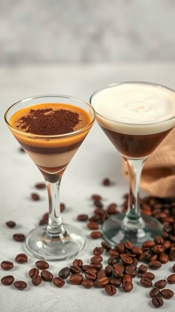 A glass of tiramisu dessert and an Espresso Martini surrounded by coffee beans.