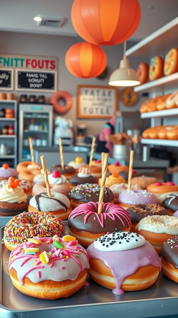 Colorful display of assorted doughnuts with various toppings in a trendy doughnut shop.