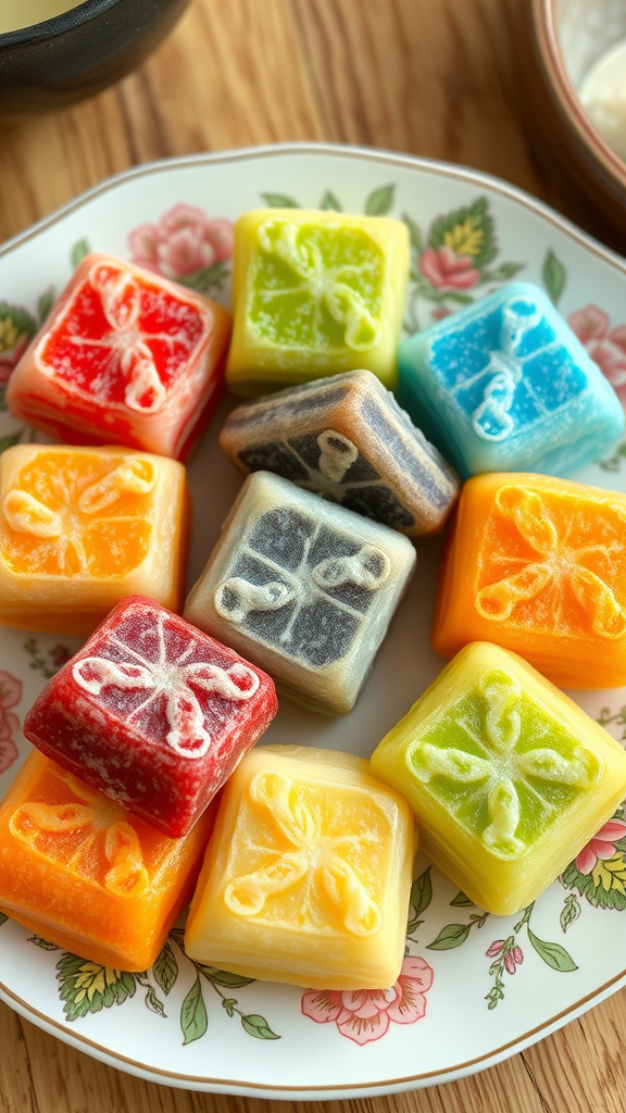 Colorful traditional Korean rice cakes (tteok) on a decorative plate.