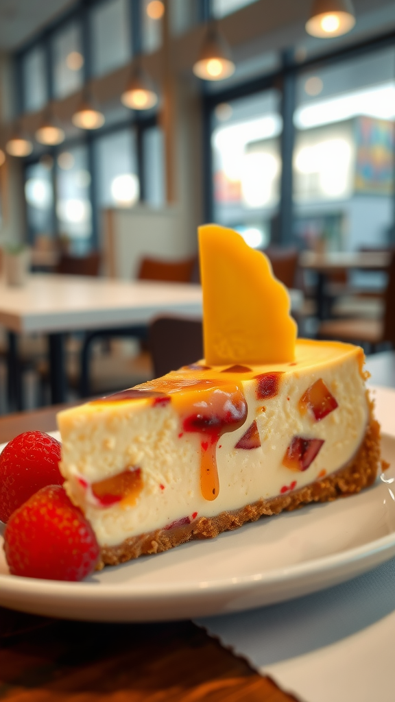 A slice of creamy cheesecake topped with fruit and sauce, served on a plate with strawberries.