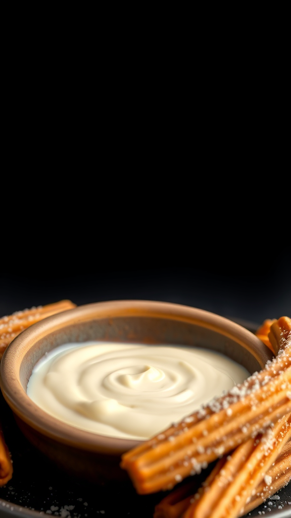 A bowl of smooth vanilla bean cream next to churros