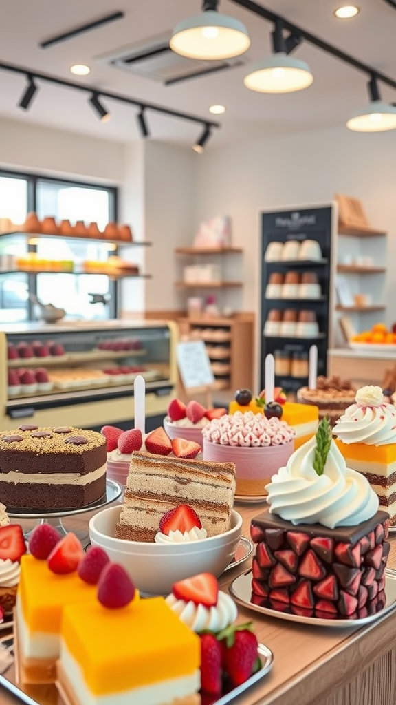 A display of colorful vegan desserts including cakes, mousse, and fruit toppings at a dessert cafe in Los Angeles.