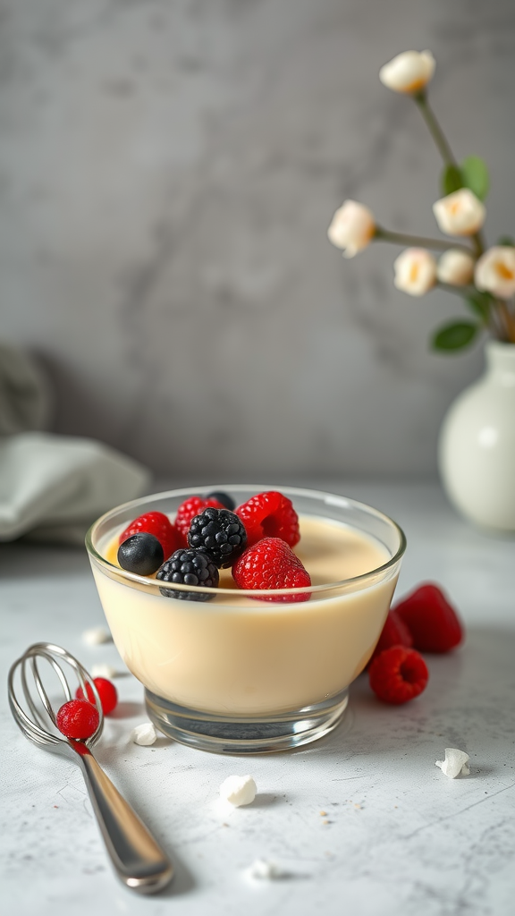A bowl of zabaione custard topped with fresh raspberries and blackberries on a table.
