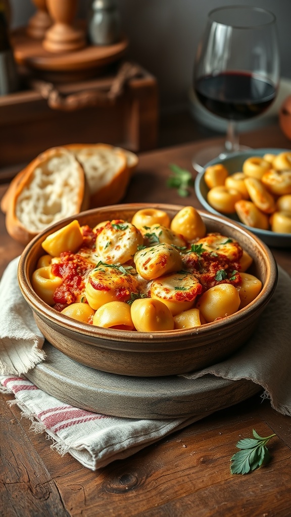 A cozy bowl of hot cheesy baked tortellini with tomato sauce, garnished with parsley, alongside a glass of red wine.