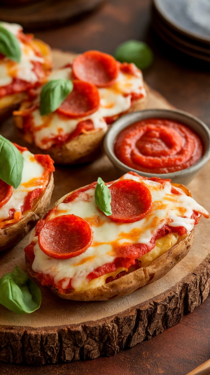 Loaded potato skins topped with pizza sauce, cheese, and pepperoni.