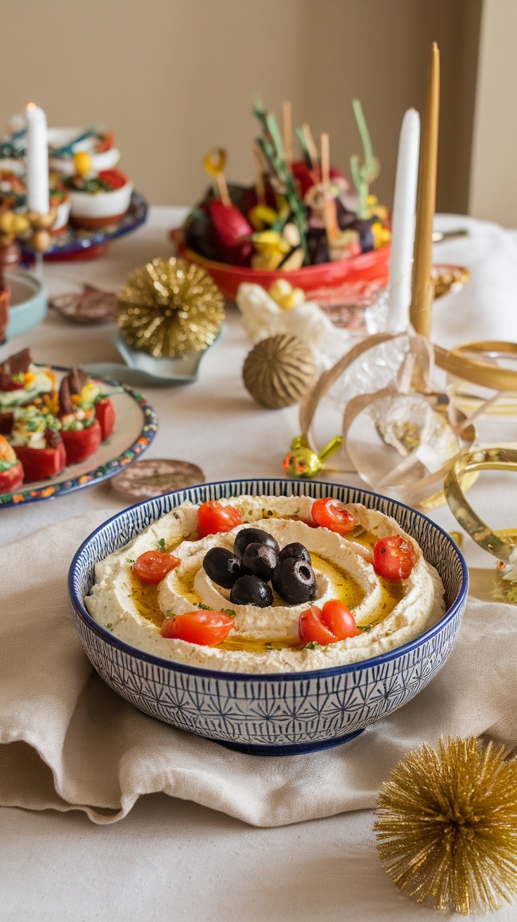 A bowl of whipped feta dip topped with black olives and cherry tomatoes, surrounded by festive decorations.