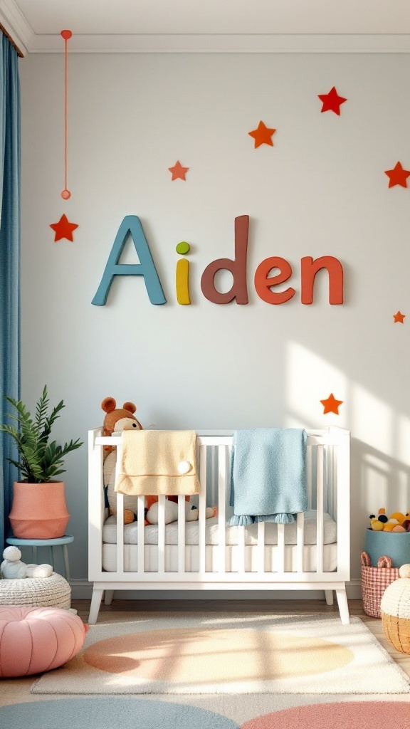 Nursery with the name Aiden on the wall, featuring a crib and playful decor.