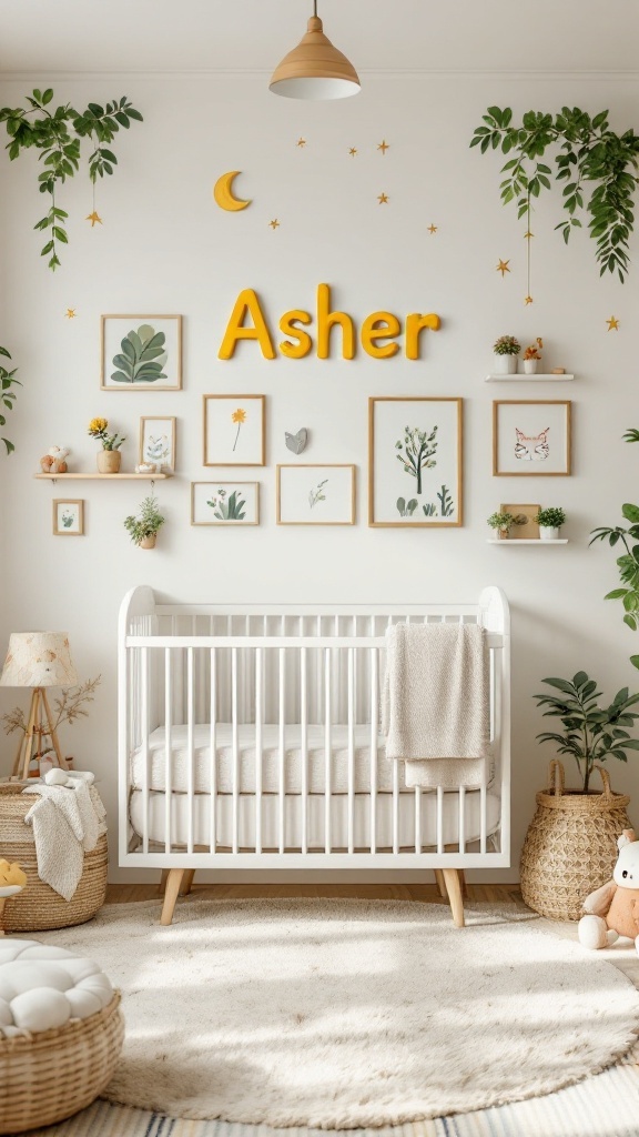 A cozy nursery featuring the name Asher on the wall, decorated with plants and framed artwork.
