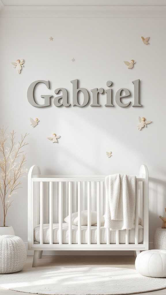 A nursery with the name Gabriel on the wall, featuring a white crib and soft decor.
