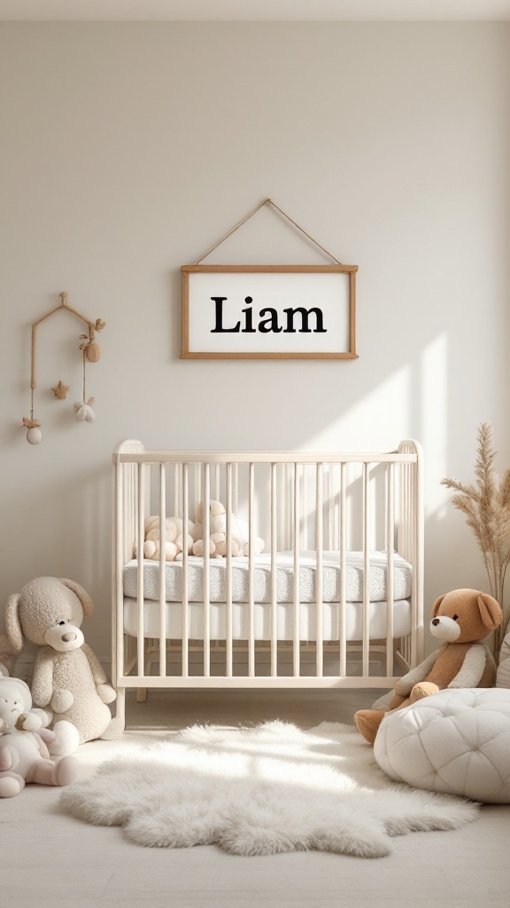 A cozy nursery featuring a crib, soft toys, and a wall hanging with the name Liam.
