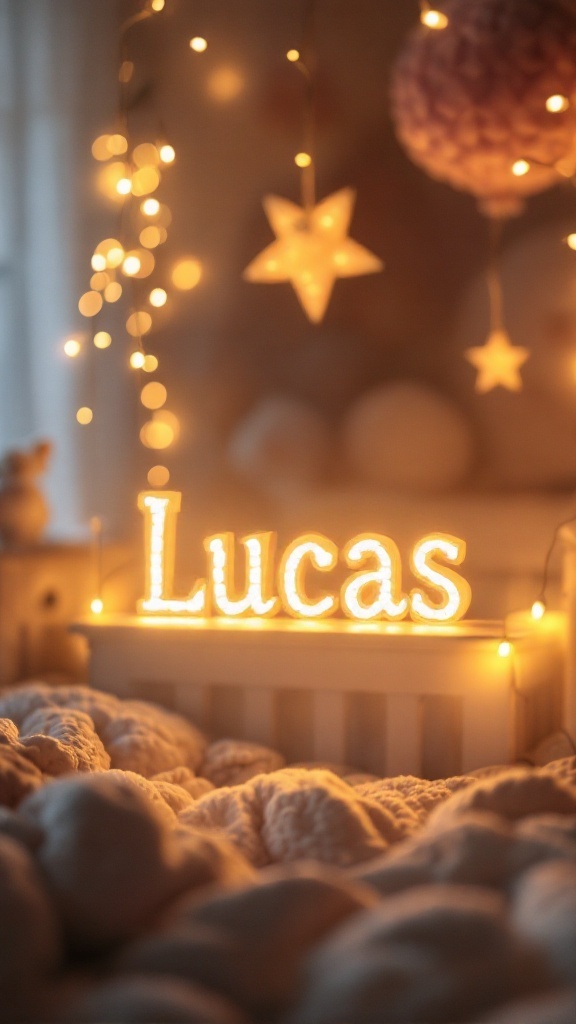 A cozy nursery featuring the name 'Lucas' illuminated with soft lights.