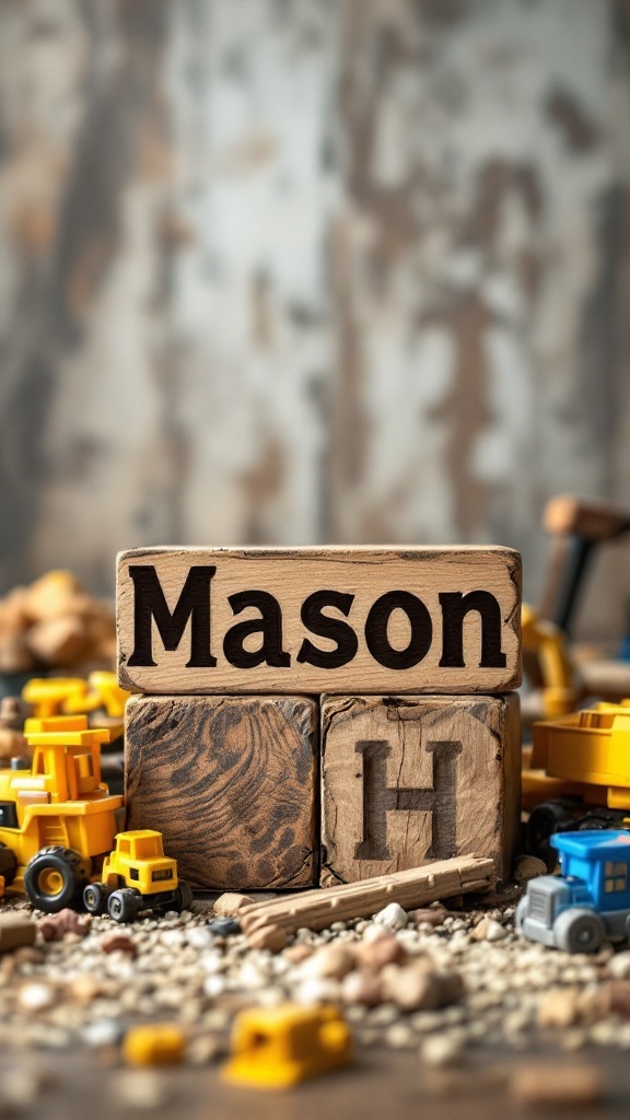 Wooden blocks spelling 'Mason' on a play surface with toy trucks.