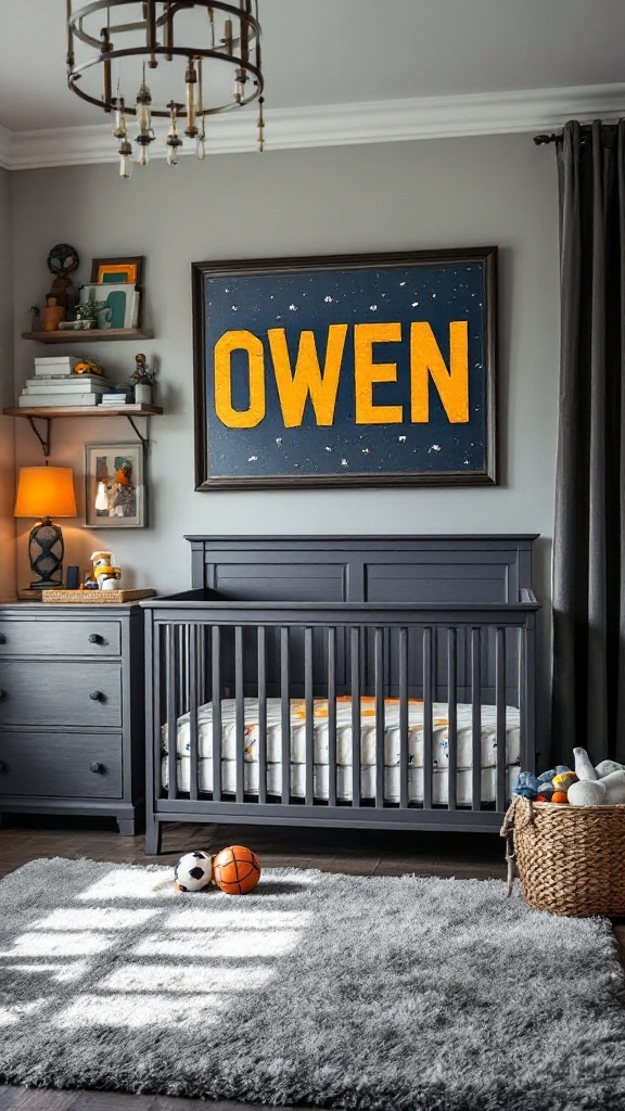 A cozy nursery featuring a crib with the name Owen prominently displayed.
