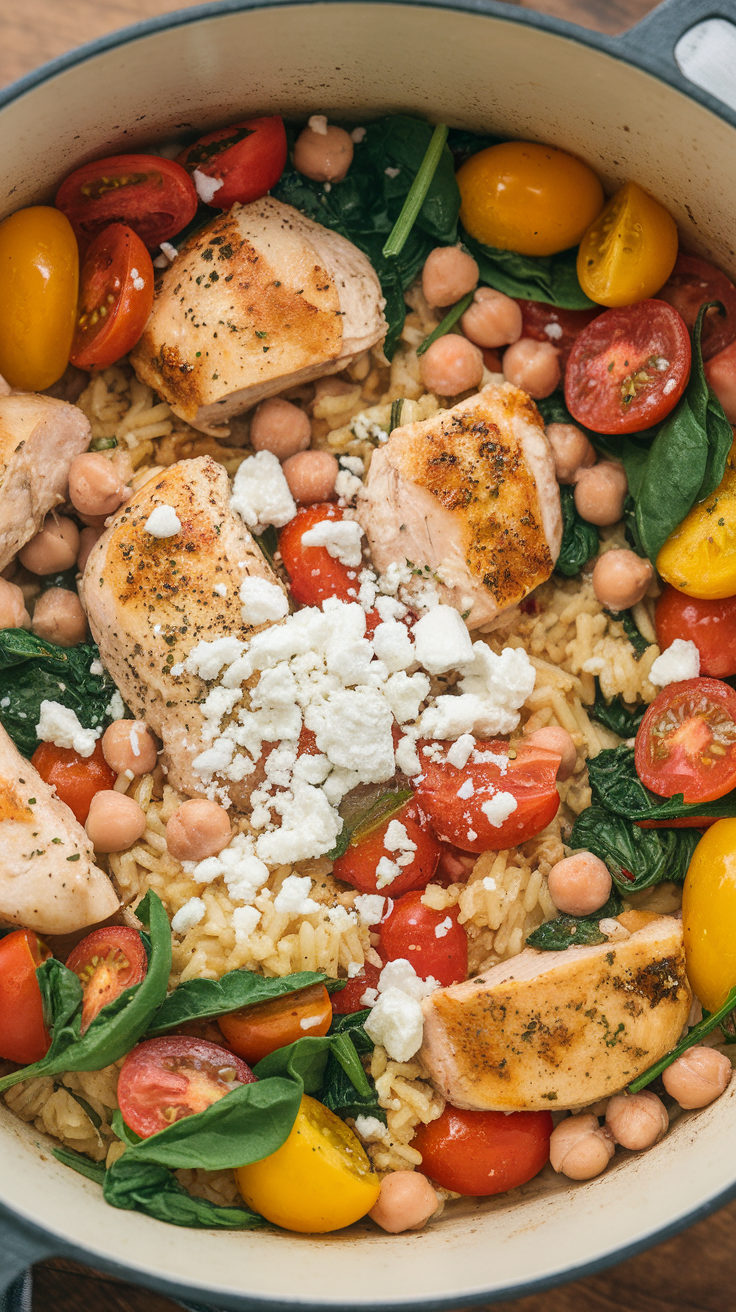 One-pot Greek chicken with lemon rice, topped with feta cheese, grape tomatoes, and spinach.