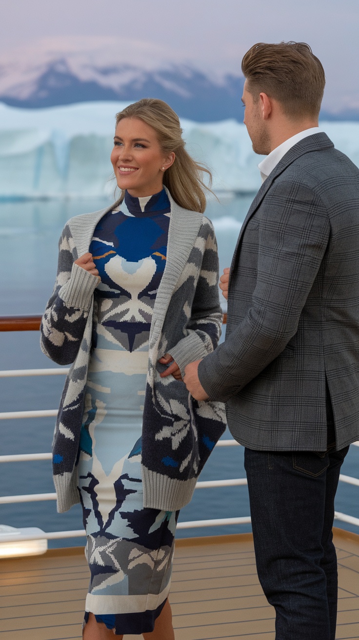 A couple dressed in formal attire on an Alaska cruise, showcasing a silver gown and navy suit against a scenic backdrop.