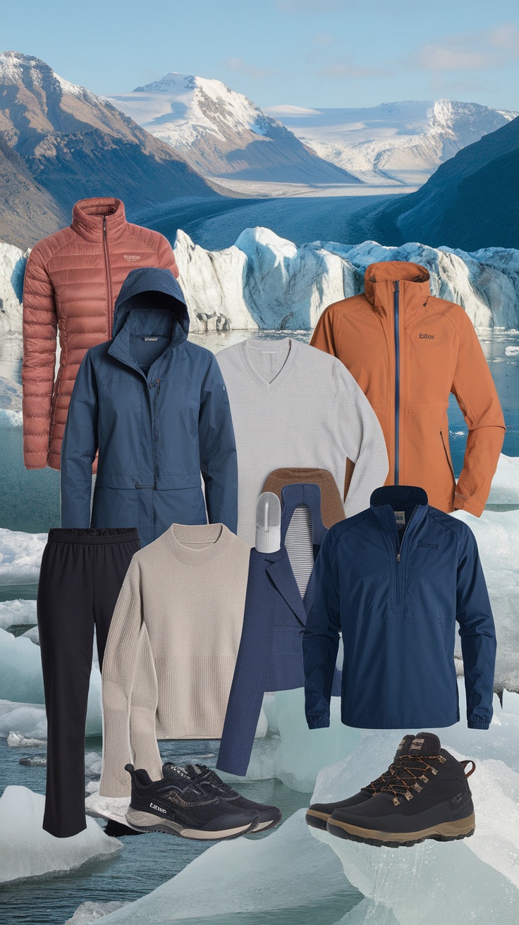 Clothing options suitable for an Alaska cruise in August, showcasing jackets, sweaters, pants, and shoes against a glacial backdrop.