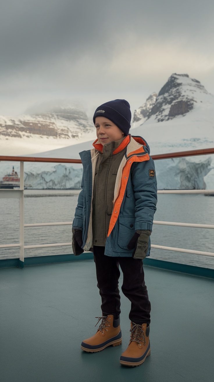 A young boy dressed in warm layers for an Alaska cruise, featuring a jacket, gloves, a beanie, and sturdy boots.