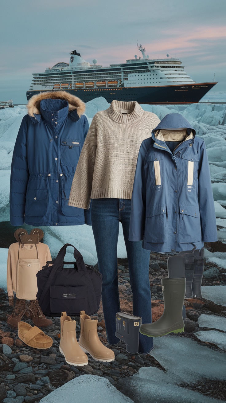 A selection of stylish outfits for an Alaska cruise, featuring jackets, sweaters, jeans, and various footwear against a scenic backdrop.