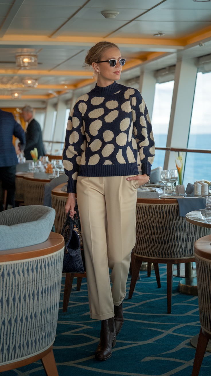 A woman wearing a stylish sweater with a bold pattern and tailored trousers, walking in a dining area on an Alaska cruise.