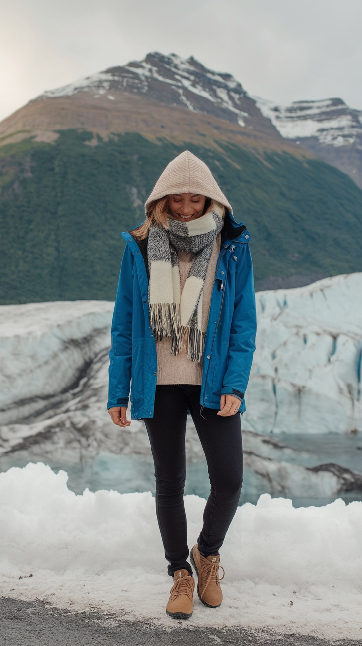 A woman wearing a blue rain jacket and a knit hat stands in front of a glacier, showcasing an outfit suitable for an Alaska cruise in June.