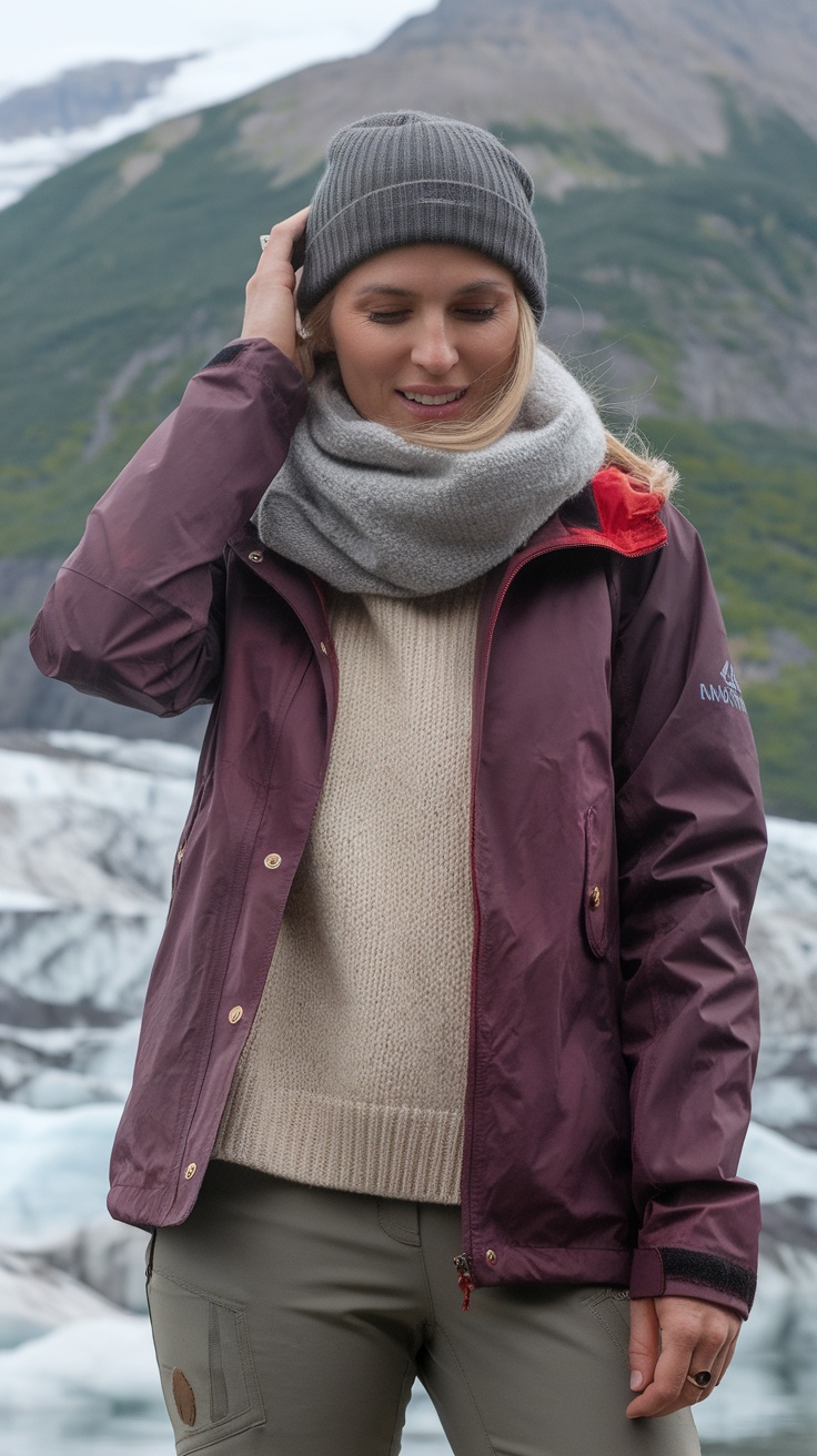 A woman wearing a cozy sweater, waterproof jacket, warm scarf, and beanie, standing against an Alaskan backdrop.